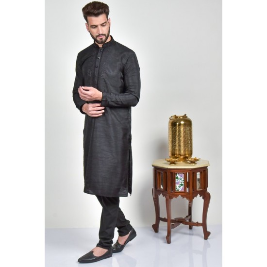 Black Embroidered Kurta With Pajama For Men