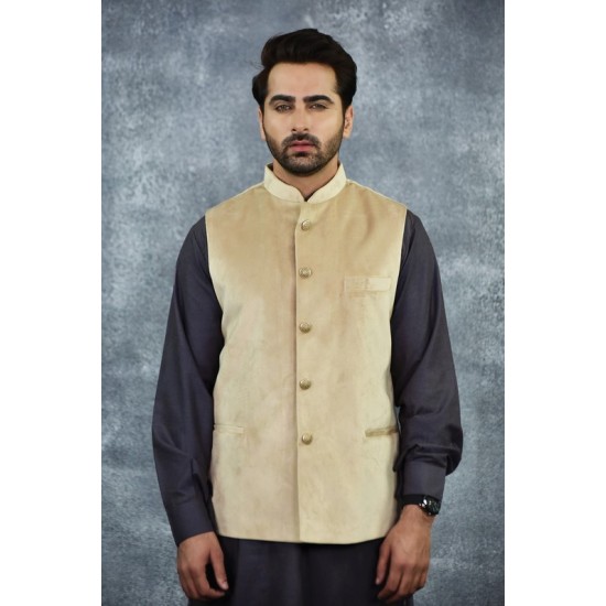 Plain Velvet Camel Colour Waistcoat For Men