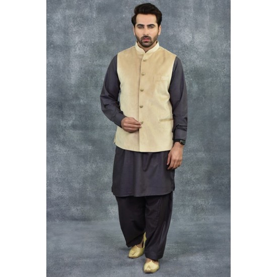 Plain Velvet Camel Colour Waistcoat For Men