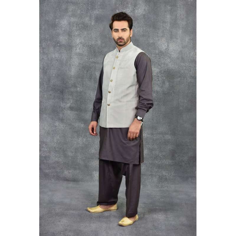 grey waistcoat with shalwar kameez