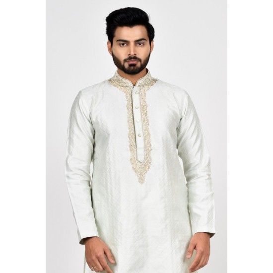 Light Moss Green Embroidered Mens Kurta Pajama Set