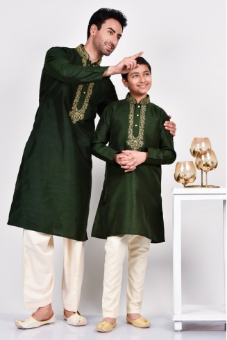 Dark Green Embroidered Pakistani Mens Kurta Pajama