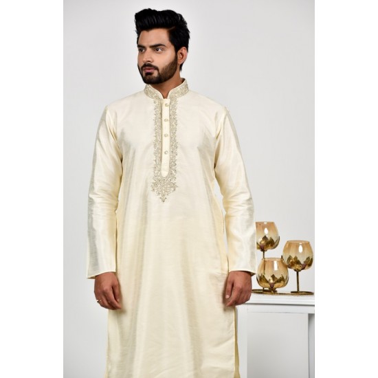 Cream Embroidered Kurta Pajama Indian Mens Wedding Wear