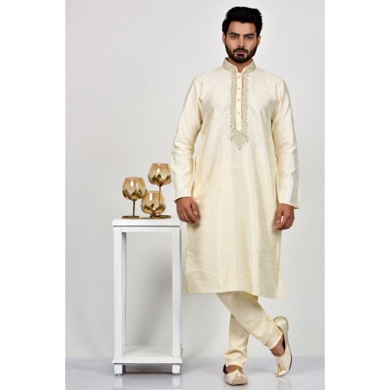 Cream Embroidered Kurta Pajama Indian Mens Wedding Wear
