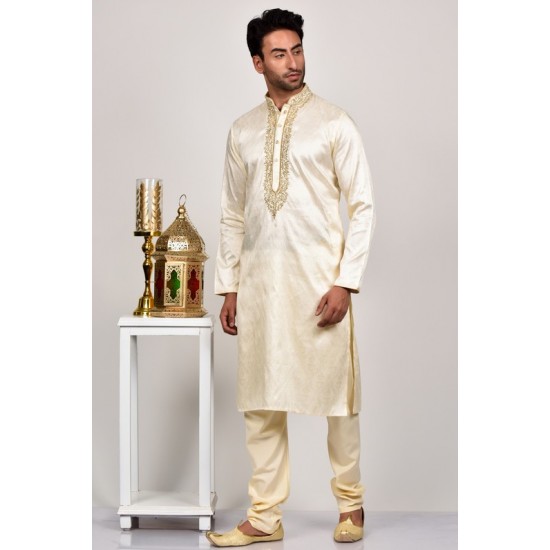Light Gold Embroidered Kurta Pajama for Men