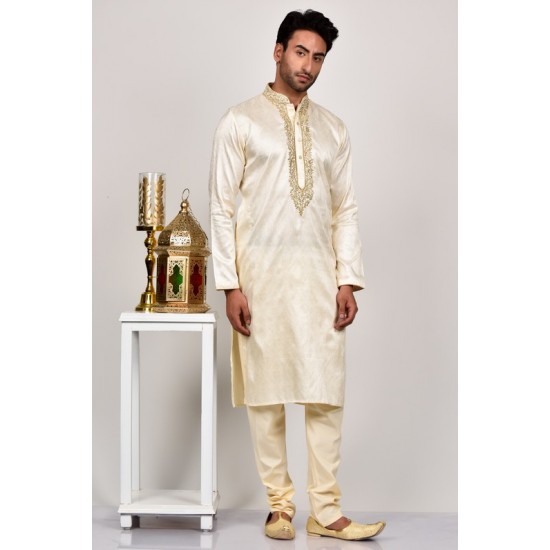 Light Gold Embroidered Kurta Pajama for Men