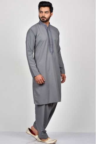 Dark Grey Embroidered Fusion Kurta Shalwar Set