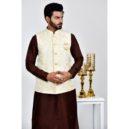 Cream Jammawar Waistcoat Mens Fancy Attire
