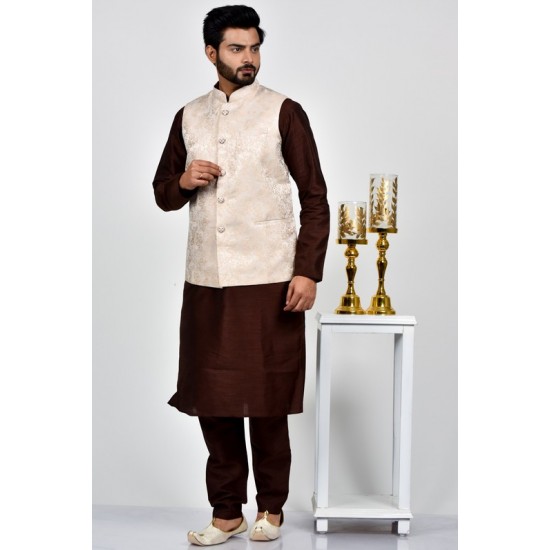 Premium Peach Jammawar Waistcoat for Men