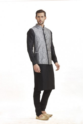 BLACK KURTA AND GREY JACKET STYLISH PAJAMA INDIAN SUIT