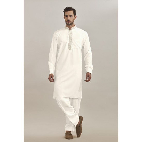 CREAM READYMADE PAKISTANI MENS KURTA SHALWAR