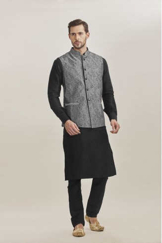 BLACK KURTA AND GREY JACKET STYLISH PAJAMA INDIAN SUIT