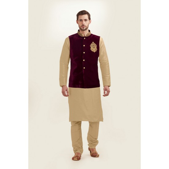 GOLD KURTA AND MAROON NEHRU JACKET WITH PAJAMA READY MADE EID DRESS