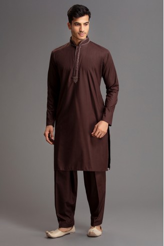 Brown Kurta Shalwar Pakistani Designer Menswear