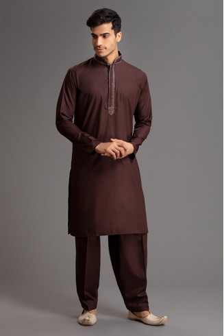 Brown Kurta Shalwar Pakistani Designer Menswear