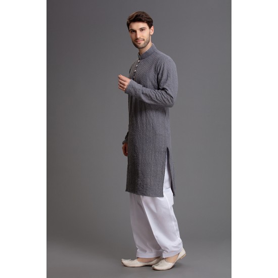 GREY READY TO WEAR PAKISTANI MEN KURTA SHALWAR SUIT