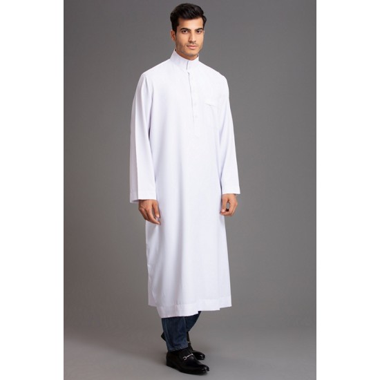 WHITE LONG SLEEVE STITCHED MEN'S THOBE JUBBA