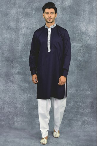 Navy Blue Kurta White Shalwar Pakistani Designer Men's Suit