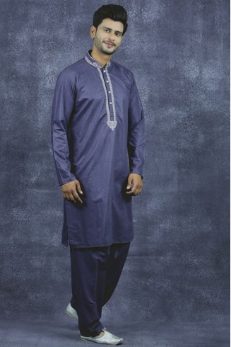 Dark Grey Indian Kurta Shalwar Men's Embroidered Suit