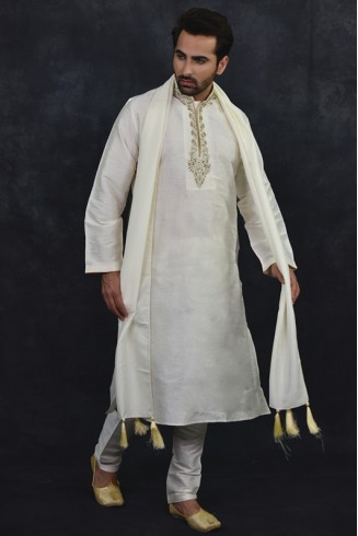 Off White Indian Wedding Kurta Pajama Suit Men's Ethnic Dress