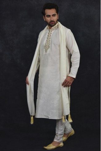 Off White Indian Wedding Kurta Pajama Suit Men's Ethnic Dress