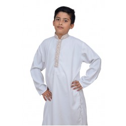 Off White Embroidered Band Collar Kurta Set for Boys