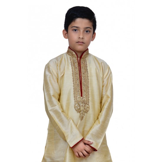 GOLD BEIGE EMBROIDERED KURTA AND PYJAMA BOYS WEAR READY MADE SUIT
