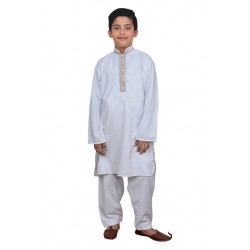 Off White Embroidered Band Collar Kurta Set for Boys