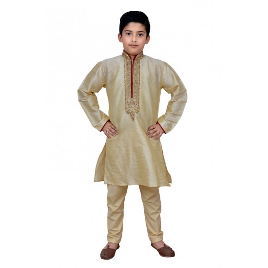 GOLD BEIGE EMBROIDERED KURTA AND PYJAMA BOYS WEAR READY MADE SUIT
