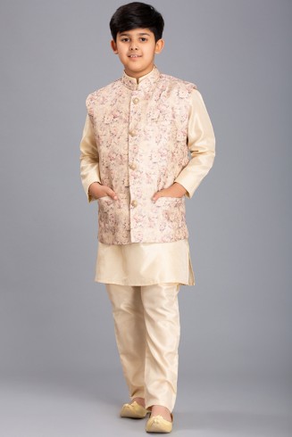 CREAM AND GOLD NEHRU JACKET, KURTA AND PAJAMA BOYS WEAR EID SUIT