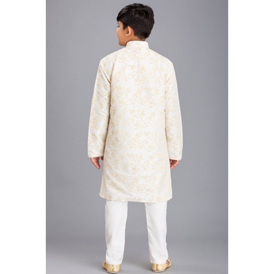 WHITE JACQUARD JACKET STYLE KURTA AND PAJAMA YOUNG BOYS EID SUIT