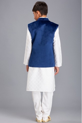 WHITE KURTA SHALWAR & BLUE WAISTCOAT PAKISTANI BOYS WEAR SUIT