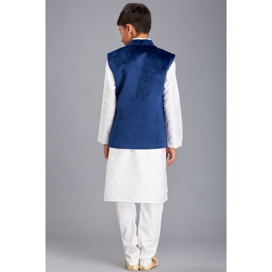 WHITE KURTA SHALWAR & BLUE WAISTCOAT PAKISTANI BOYS WEAR SUIT