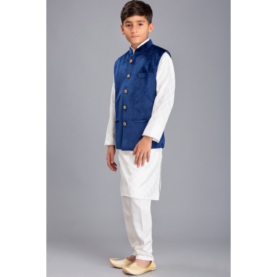 WHITE KURTA SHALWAR & BLUE WAISTCOAT PAKISTANI BOYS WEAR SUIT