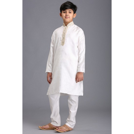 Off White & Gold Embroidered Boys Kurta Pajama Set