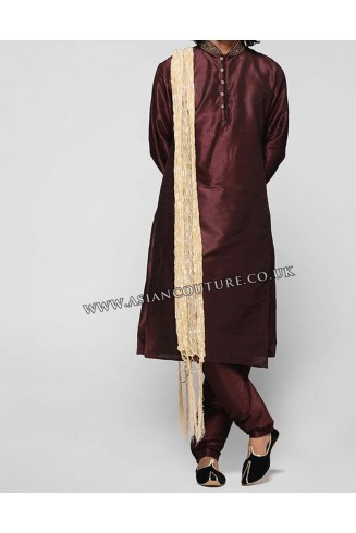 WINE SILK INDIAN FESTIVE WEAR KURTA PYJAMA
