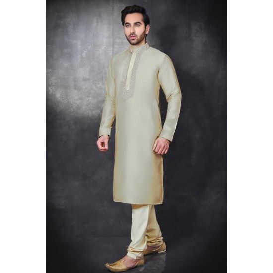 Grey Green Embroidered Men's Readymade Kurta Pajama