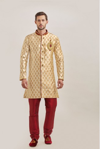 GOLD AND MAROON SLEEK KURTA AND PAJAMA INDIAN MEN'S WEAR 