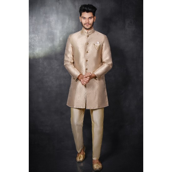 GOLD JACQUARD COAT KURTA AND PANT PYJAMA INDIAN MENS ETHNIC SUIT