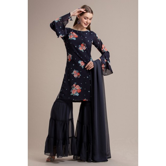 NAVY BLUE FLORAL PRINTED GHARARA SUIT