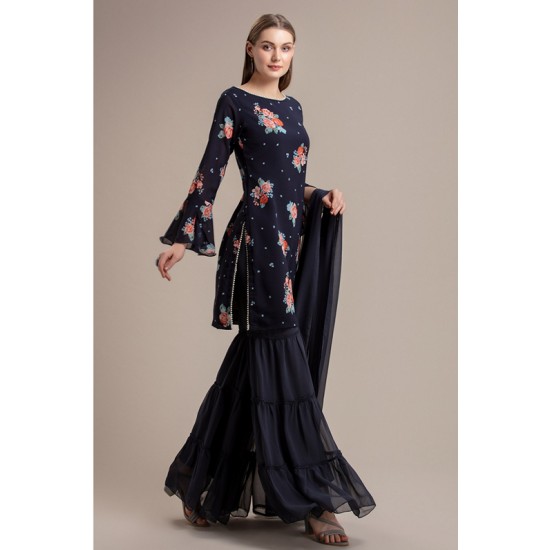 NAVY BLUE FLORAL PRINTED GHARARA SUIT