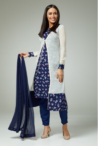CLASSIC BLUE FLORAL PRINTED JACKET STYLE SALWAR SUIT