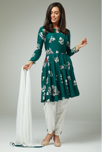 DARK GREEN AND OFF WHITE FLARED FROCK STYLE READYMADE SALWAR SUIT