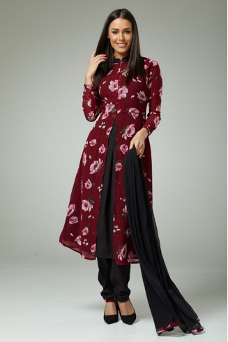 MAROON BLACK FLORAL PRINTED SUMMER STYLISH SALWAR SUIT