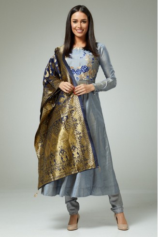 SILVER INDIAN ETHNIC PARTY WEAR SALWAR KAMEEZ WITH BANARSI DUPATTA