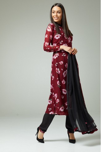 MAROON BLACK FLORAL PRINTED SUMMER STYLISH SALWAR SUIT