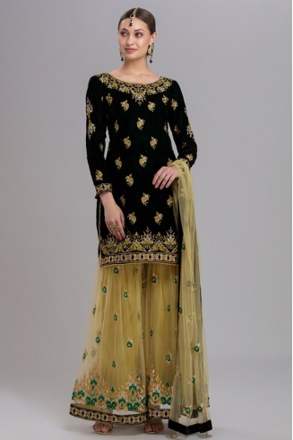 DARK GREEN AND BEIGE INDIAN WEDDING PALAZZO SHARARA DRESS