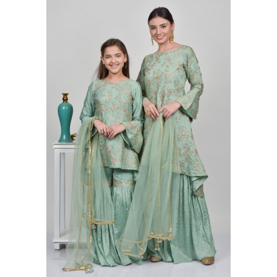 Sage Green Sequins Embellished Girls Gharara Suit