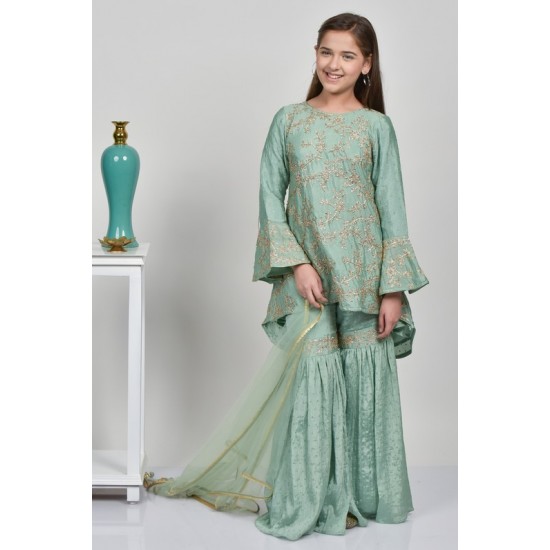 Sage Green Sequins Embellished Girls Gharara Suit
