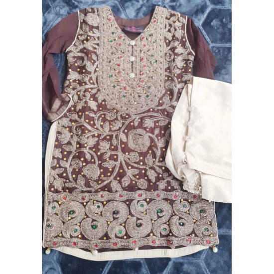 Brown Embroidered Girls Party Wear Dress